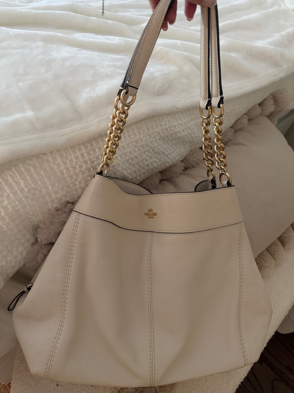 Coach Cream Pebbled Leather Shoulder Bag with Gold Chain Straps